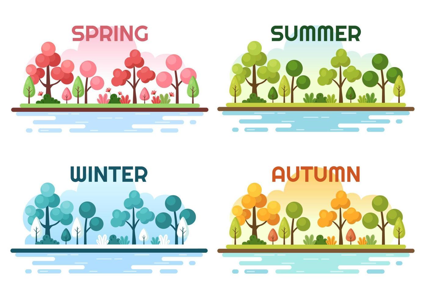 landschaft der vier jahreszeiten der natur mit landschaftsfrühling, sommer, herbst und winter in der schablonenhandgezeichneten cartoon-flachen stilillustration vektor