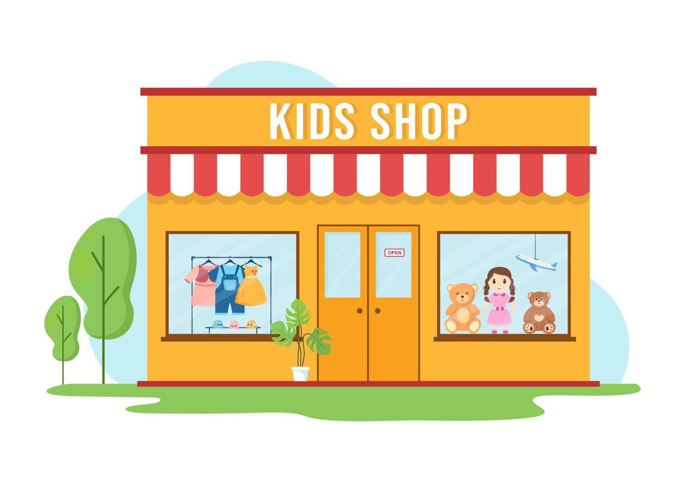 kinder shop gebäude vorlage handgezeichnete cartoon flache stilillustration mit kinderausrüstung wie kleidung oder spielzeug für einkaufskonzept vektor