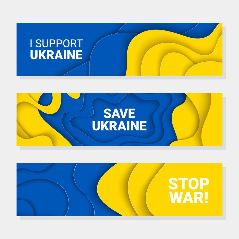 vektorpapierschnitt horizontales banner, papierschnitt hintergrundillustration des krieges stoppen, ukraine retten, ich unterstütze das konzept mit verbotsschild auf der ukraine-flagge. kein krieg und militärischer angriff in der ukraine plakat. vektor