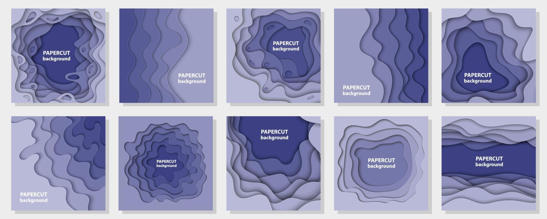 vektor samling av 10 bakgrunder med färgrik papper skära former. 3d abstrakt papper konst stil, design layout för företag presentationer, flygblad, affischer, grafik, dekoration, kort, broschyr