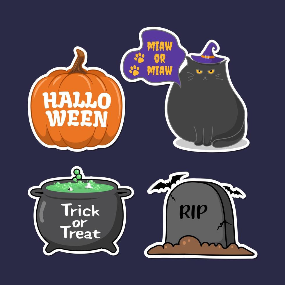 halloween sticker pack, schwarze katze, wortaufkleber vektor