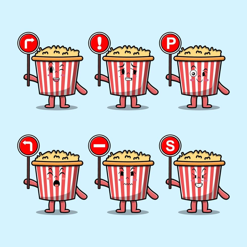 söt popcorn tecknad serie karaktär håll trafik tecken vektor