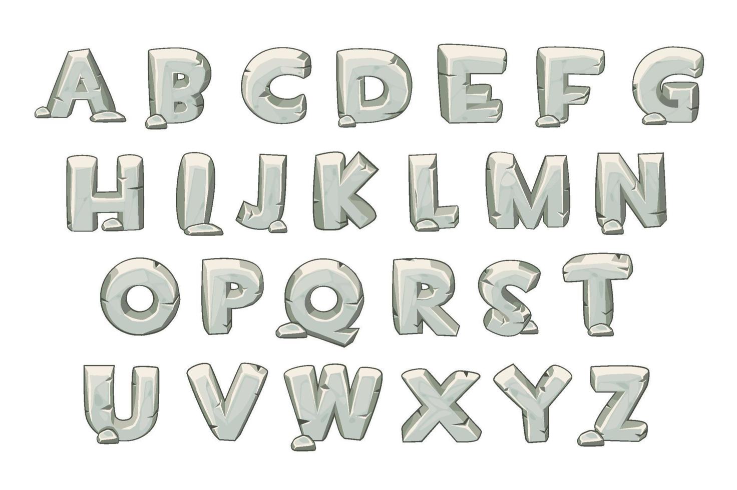 Stein-Alphabet-Set zum Lernen auf weißem Hintergrund. Vektorgrafik graue Buchstaben, Schriftart aus Felsen für Design. vektor