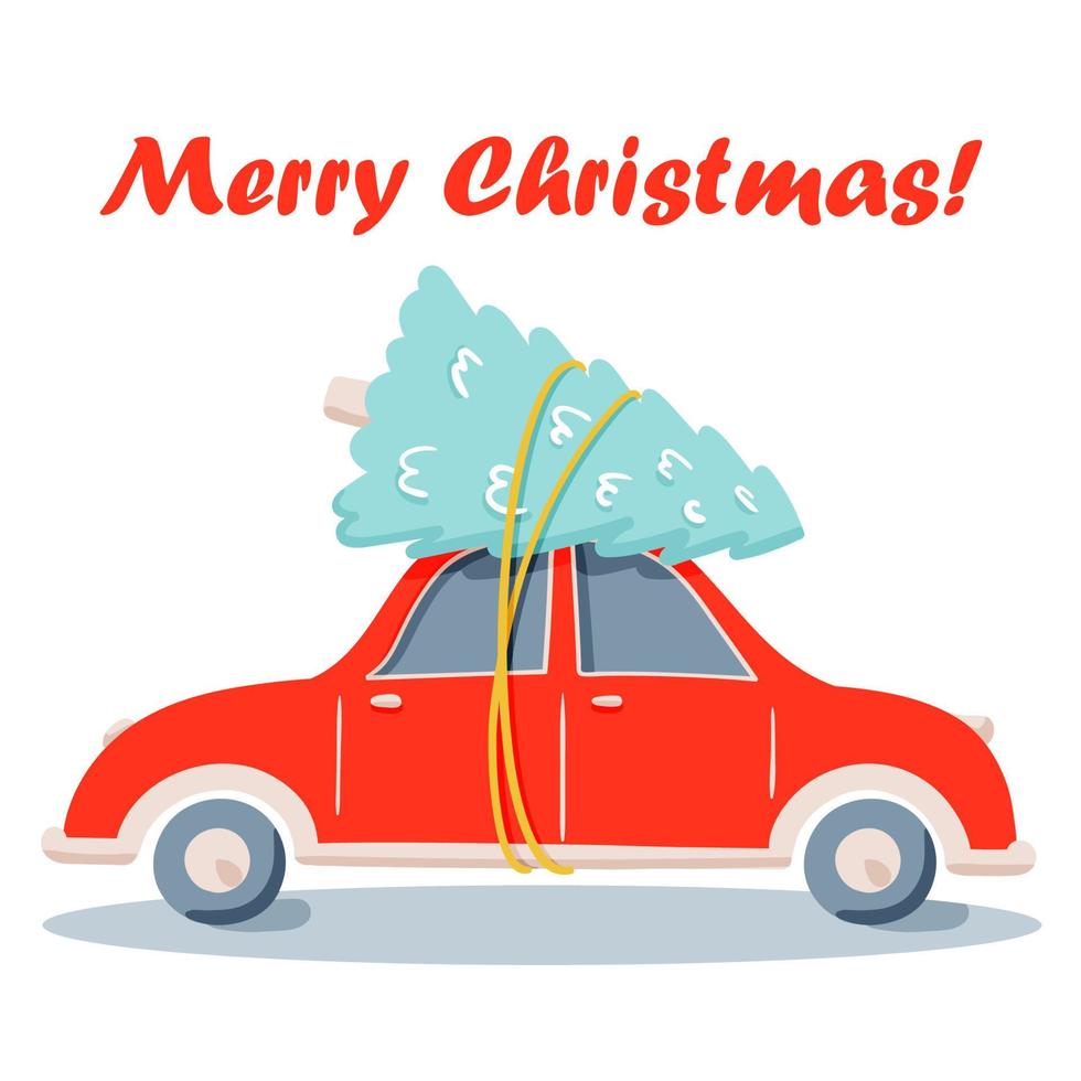 flaches Vektor-Laufwerk rotes Auto mit Pinien-Weihnachtsbaum-Doodle-Illustration, frohe Weihnachten, Idee für Grußkarten, Wandkunst, T-Shirt, bedruckbare Kleidung isoliert auf weiß vektor