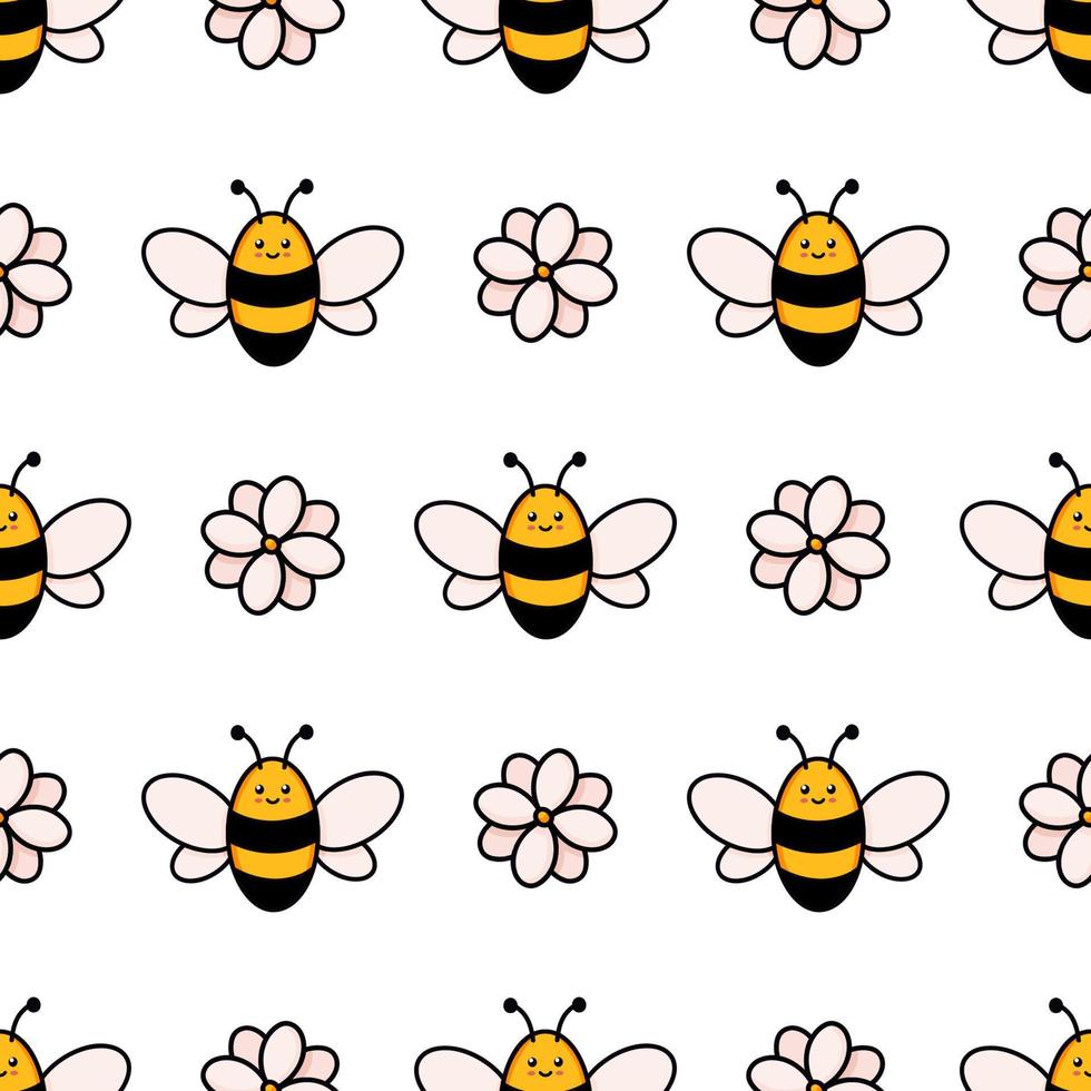 söt honung bi sömlös mönster. vektor klotter tecknad serie blommor och humlor illustration digital papper isolerat på vit bakgrund perfekt för barn tyg