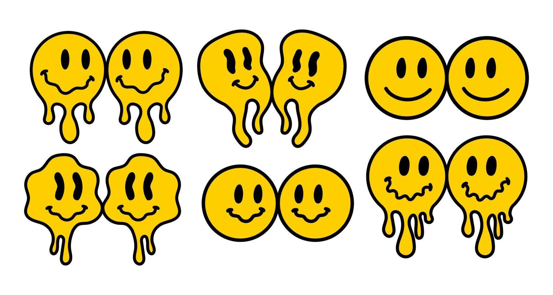 Vintage Illustration des schmelzenden Lächelns. retro psychedelisches Schmelz-Lächeln-Gesichtslogo. tropfendes Lächeln. gute Laune. positiver Emoji-Aufkleber. Vektor grooviges Emoji-Gesicht.