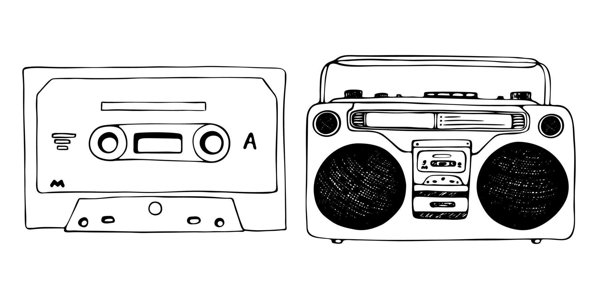 handgezeichnete Kassette, Mixtape und Vintage-Retro-Plattenspieler-Tintenillustration, schwarz-weißes Cartoon-Doodle für Musiktechnologie oder Audiogeräte vektor