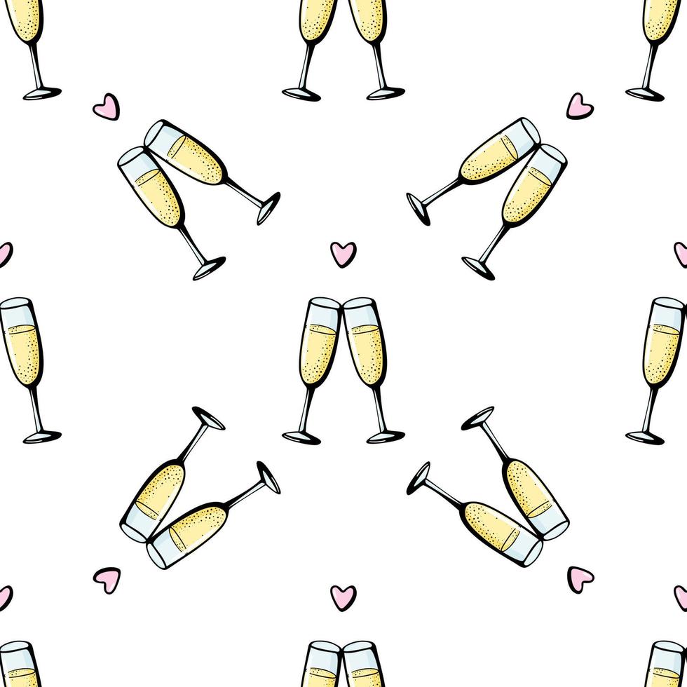 glas champagne sömlösa doodle mönster. heja vektorillustration på vit bakgrund. alla hjärtans dag gratulationskort, årsdagen firande affisch vektor