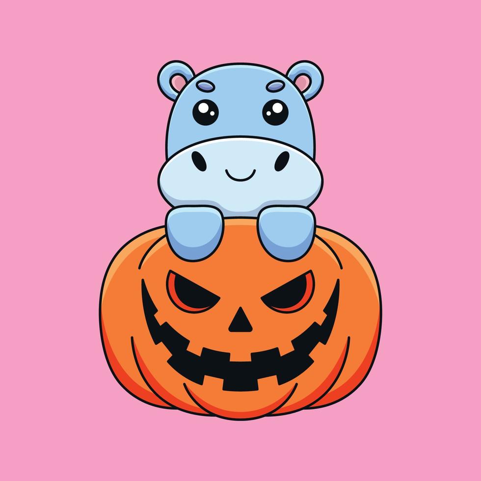 niedliche kürbis nilpferd halloween karikatur maskottchen gekritzel kunst hand gezeichnet konzept vektor kawaii symbol illustration