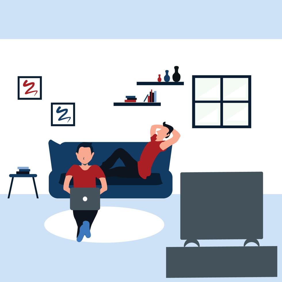 två man surfing internet med hans bärbar dator och tittar på tv - färgrik platt tecknade serier illustrationer vektor