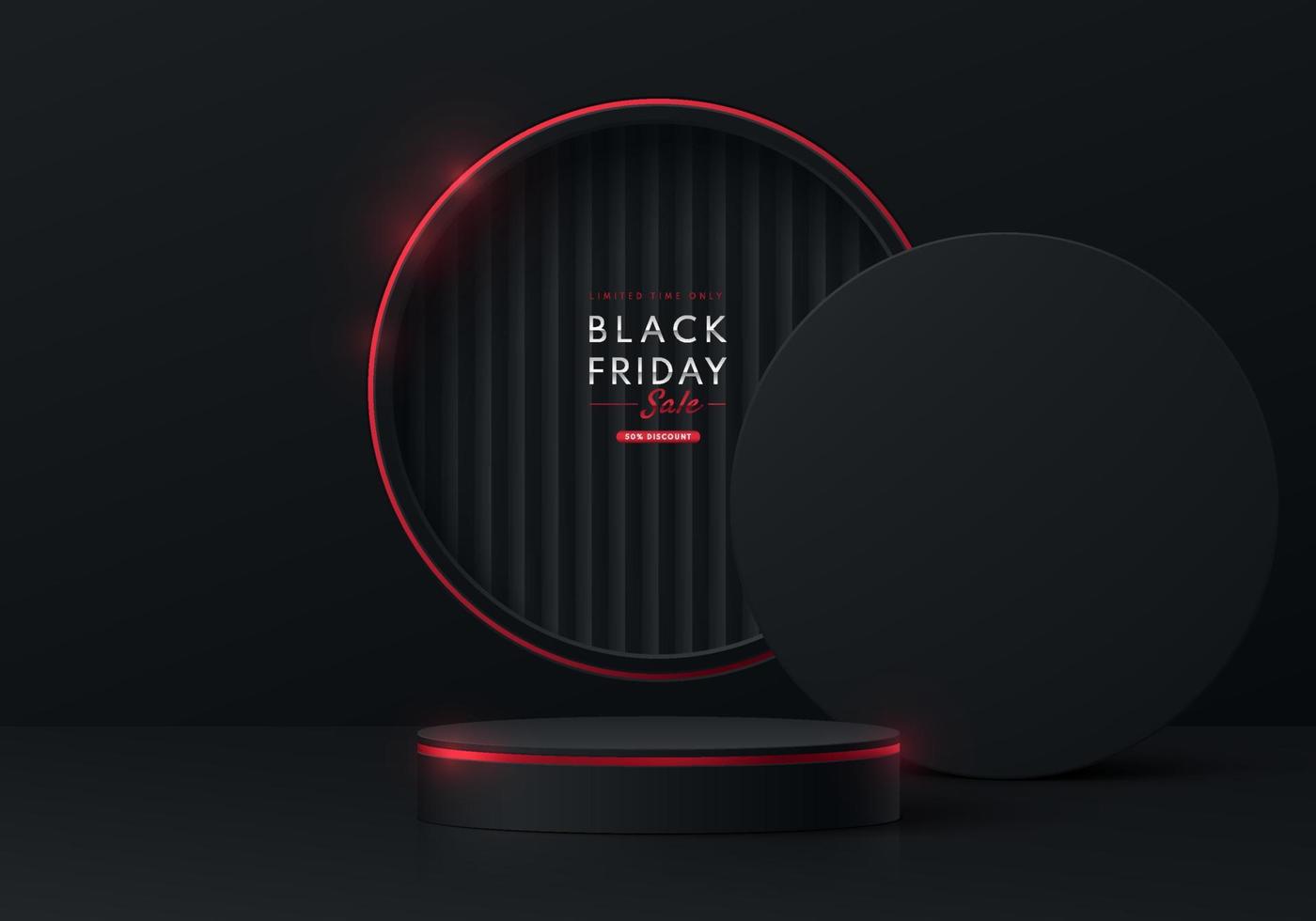 realistisches 3d schwarzes, rotes zylinderpodest mit vertikalem muster im runden kreisfenster. schwarzes freitag-verkaufskonzept, vektorabstrakte minimale wandszene für mockup-produktanzeige, bühnenschaufenster vektor