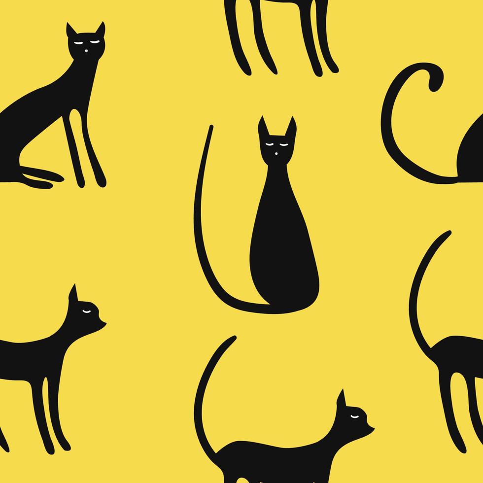 schwarze katze vektor nahtloses muster. halloween-dekor, verpackungspapier, textil. Katzen isoliert auf gelbem Hintergrund
