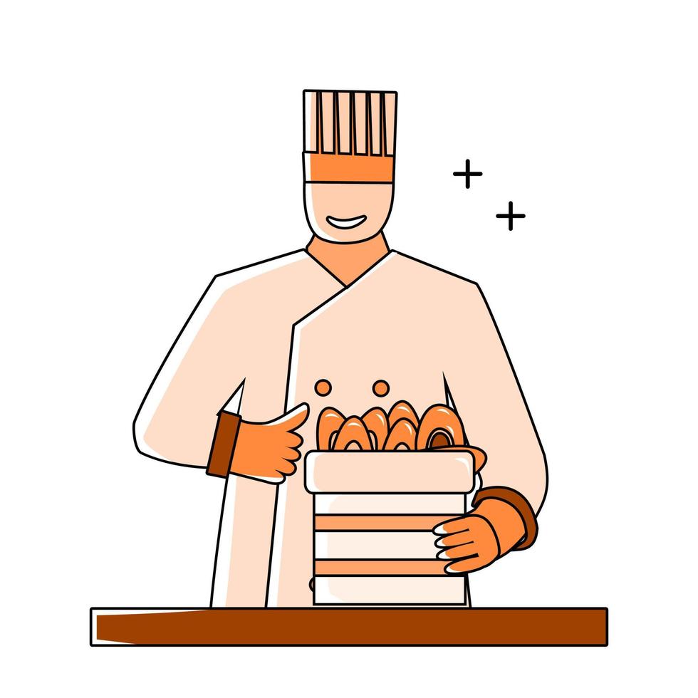 Illustration eines Küchenchefs, der Meeresfrüchte unter Verwendung eines flachen Designumrissstils kocht vektor