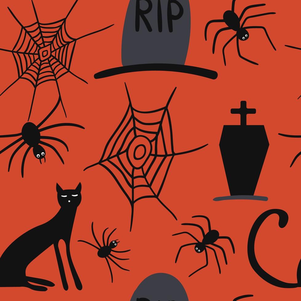 gruseliges nahtloses muster halloweens. Vektor schwarze Katze, Grab, Spinne, Spinnennetz isoliert auf orangefarbenem Hintergrund. design für halloween-dekor, textilien, geschenkpapier, tapeten, aufkleber, grußkarten.