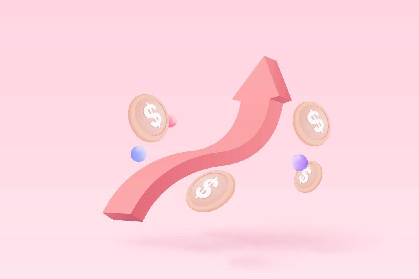 3D-Führung für erfolgreiche neue Idee. ausgezeichnetes investitionsgeschäftsdiagramm im hintergrund. kreative lösung für investitionen mit geldmünzen- und graphenkonzept. 3D-Vektorfinanzierung rendern auf rosa Hintergrund vektor