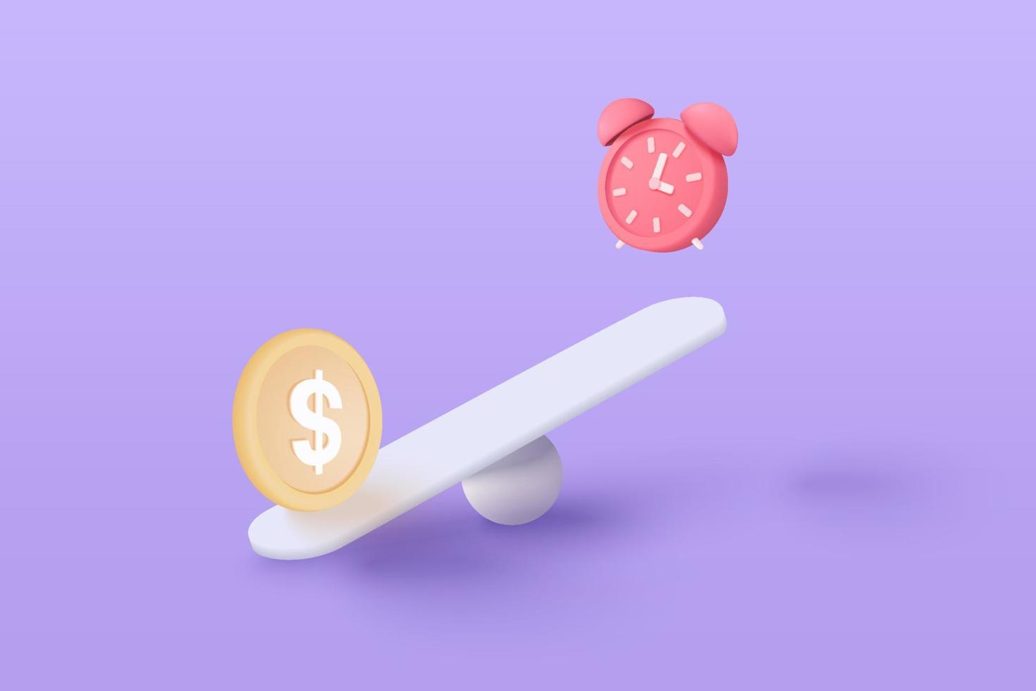 3D-Geldmünze vergleichen Wecker auf Waagen, Finanzinvestitionen, Geldsparen, Geldwechsel mit Zeit, Finanzmanagementkonzept. 3D-Waagenvektor rendern auf violettem Hintergrund vektor