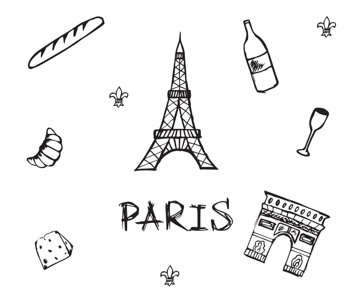 svart och vit klotter illustration med symboler av paris vektor