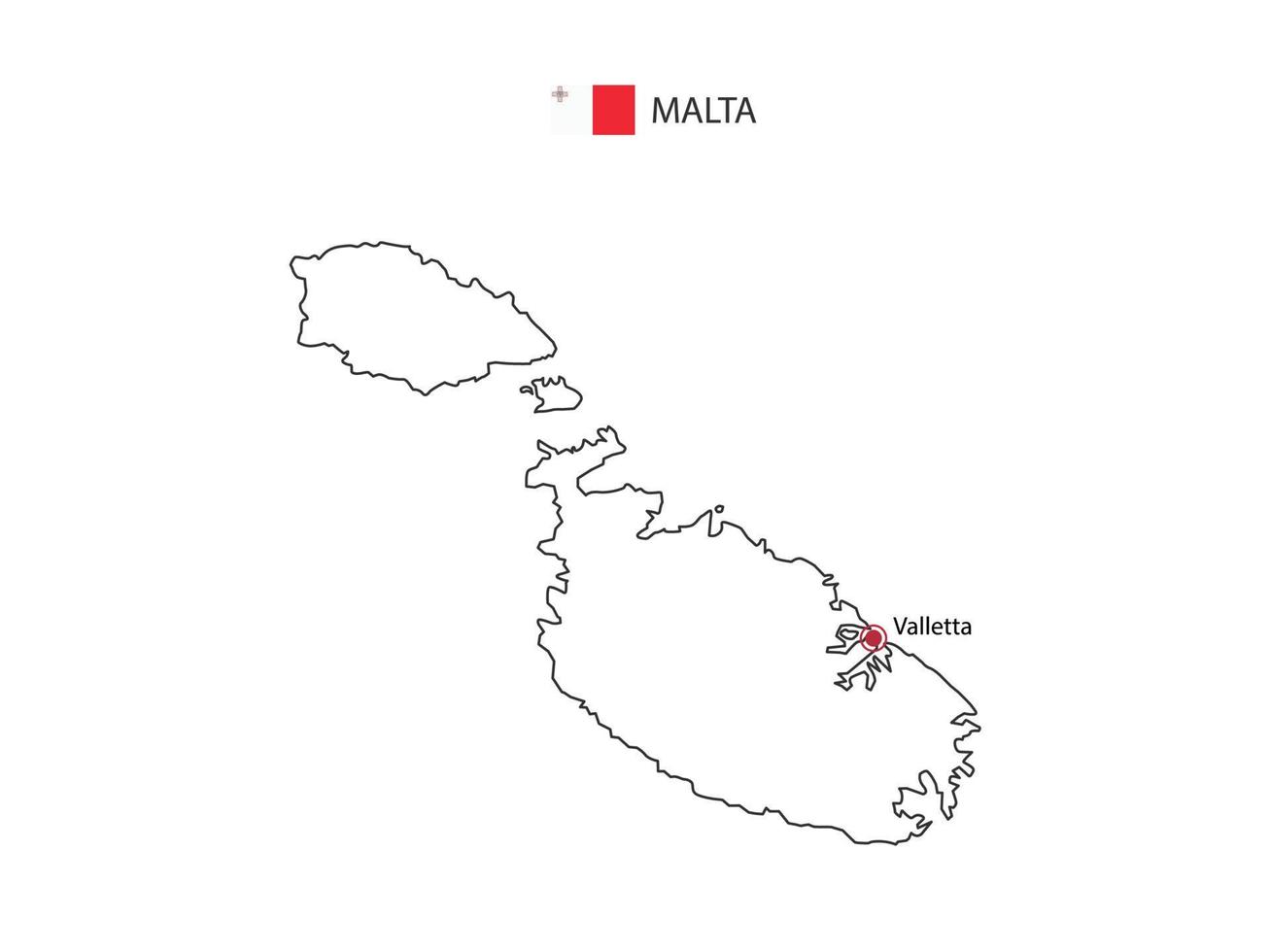 hand zeichnen dünne schwarze linie vektor der malta-karte mit der hauptstadt valletta auf weißem hintergrund.