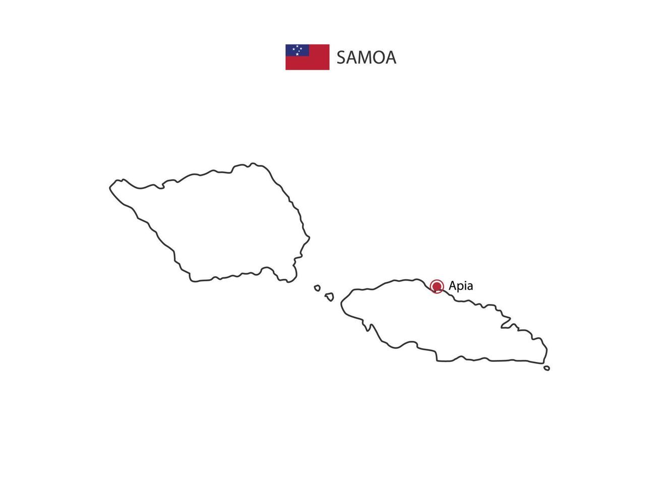 hand zeichnen dünne schwarze linie vektor der samoa-karte mit hauptstadt apia auf weißem hintergrund.