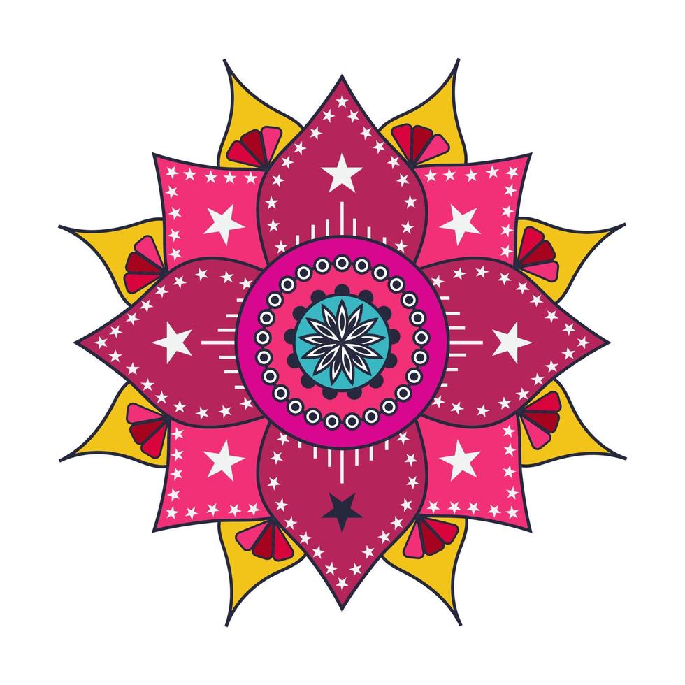 Vektor handgezeichnete Doodle-Mandala mit Maßwerk. ethnisches mandala mit bunter verzierung. isoliert. Abbildung auf Doodle-Stil auf weißem Hintergrund. Gekritzelillustration.