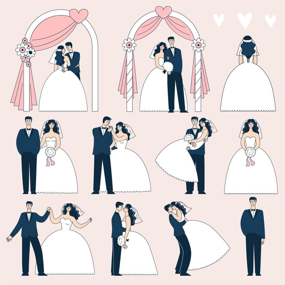 uppsättning av bröllop par i annorlunda poserar. de brud och brudgum under de bröllop båge. klotter vektor illustration