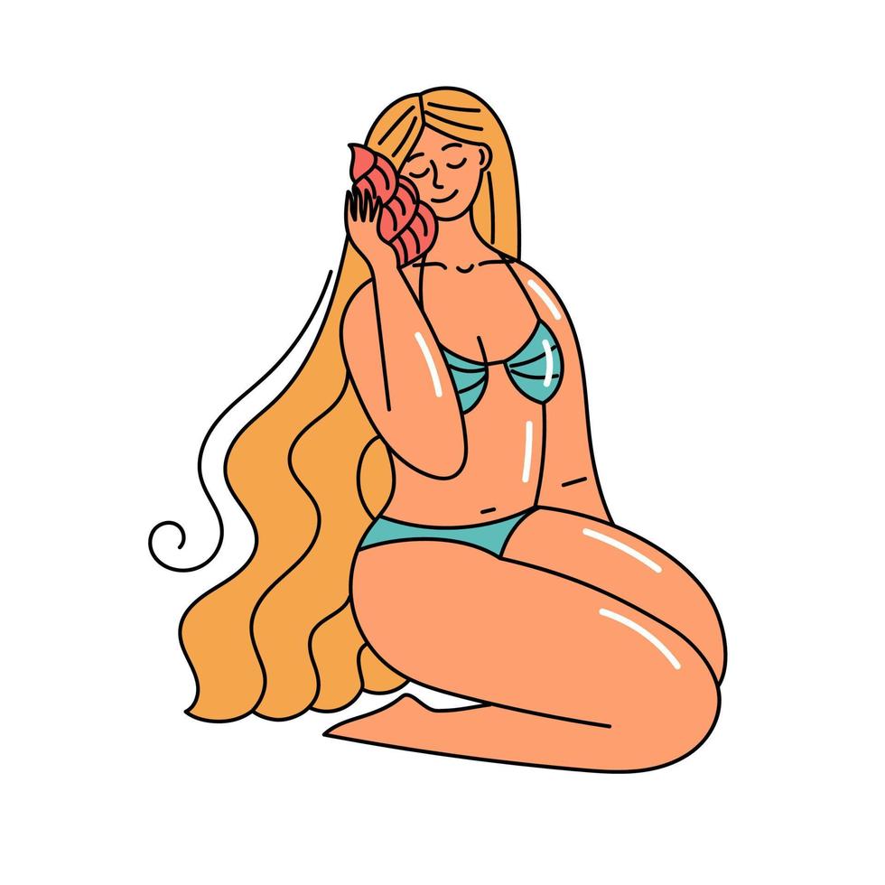 Mädchen in einem Badeanzug, Sommerstrandurlaub. Frau am Meer. Körperpositivität und Selbstliebe. schöne Leute. Gekritzelartillustration vektor