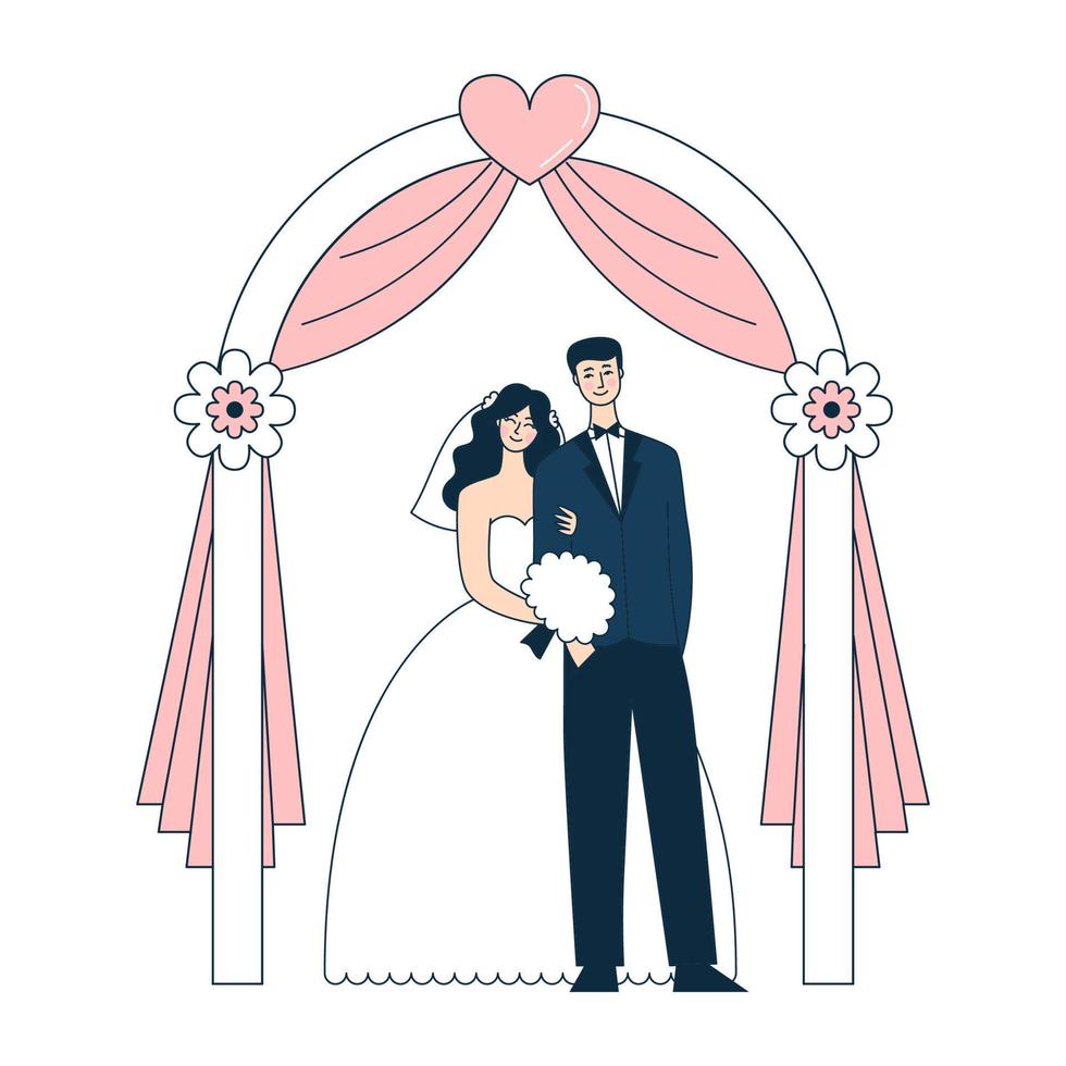 schönes Hochzeitspaar unter dem Bogen. Braut und Bräutigam. Dekoration für die Feier. Doodle-Vektor-Illustration vektor