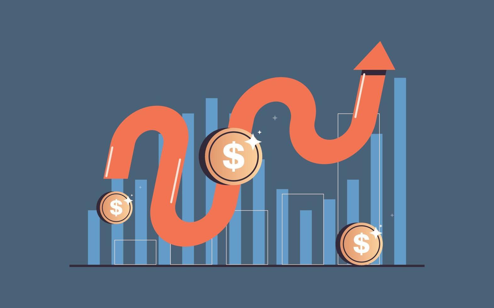 wachsender pfeil und geschäftswachstum oder effektive startstrategie, unternehmensstatistiken, verkaufsanalyse, flache vektorillustration des finanzinvestitionskonzepts. vektor