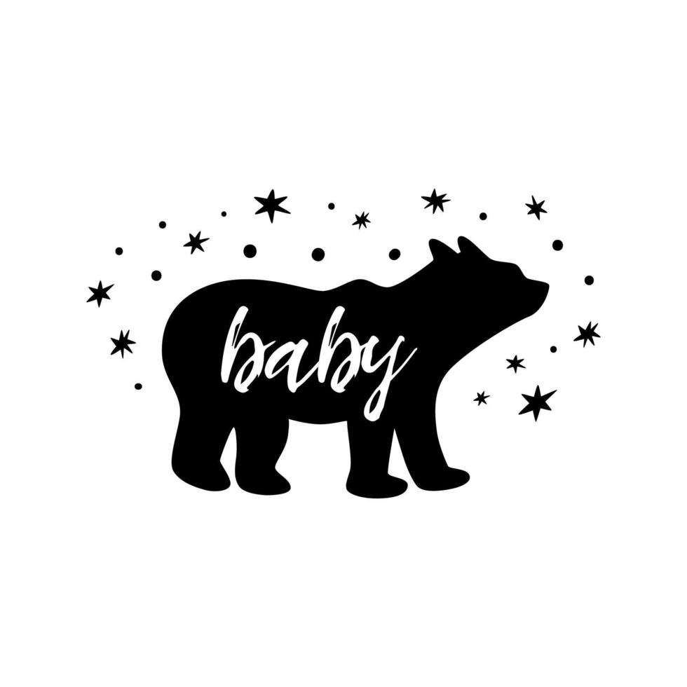 Babybär mit Sternen. süßer kleiner schwarzer Babybärdruck für Kindertücher, T-Shirt. Wald, Wild-Symbol. einfache Bärensilhouette für Kinderzimmerwandkunst, Kinderzimmerposter, Stoffdekor. Vektor-Illustration. vektor