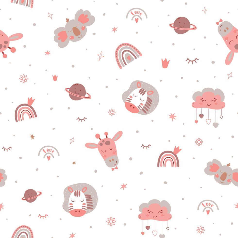 rosa Babymädchenmuster. rosa babydruck mit niedlichen tieren, sternen, planeten, regenbogen-textildesign. schlafender koala, zebra, giraffe steht safaritier gegenüber. Kindergarten Musterdesign. Vektor-Illustration. vektor