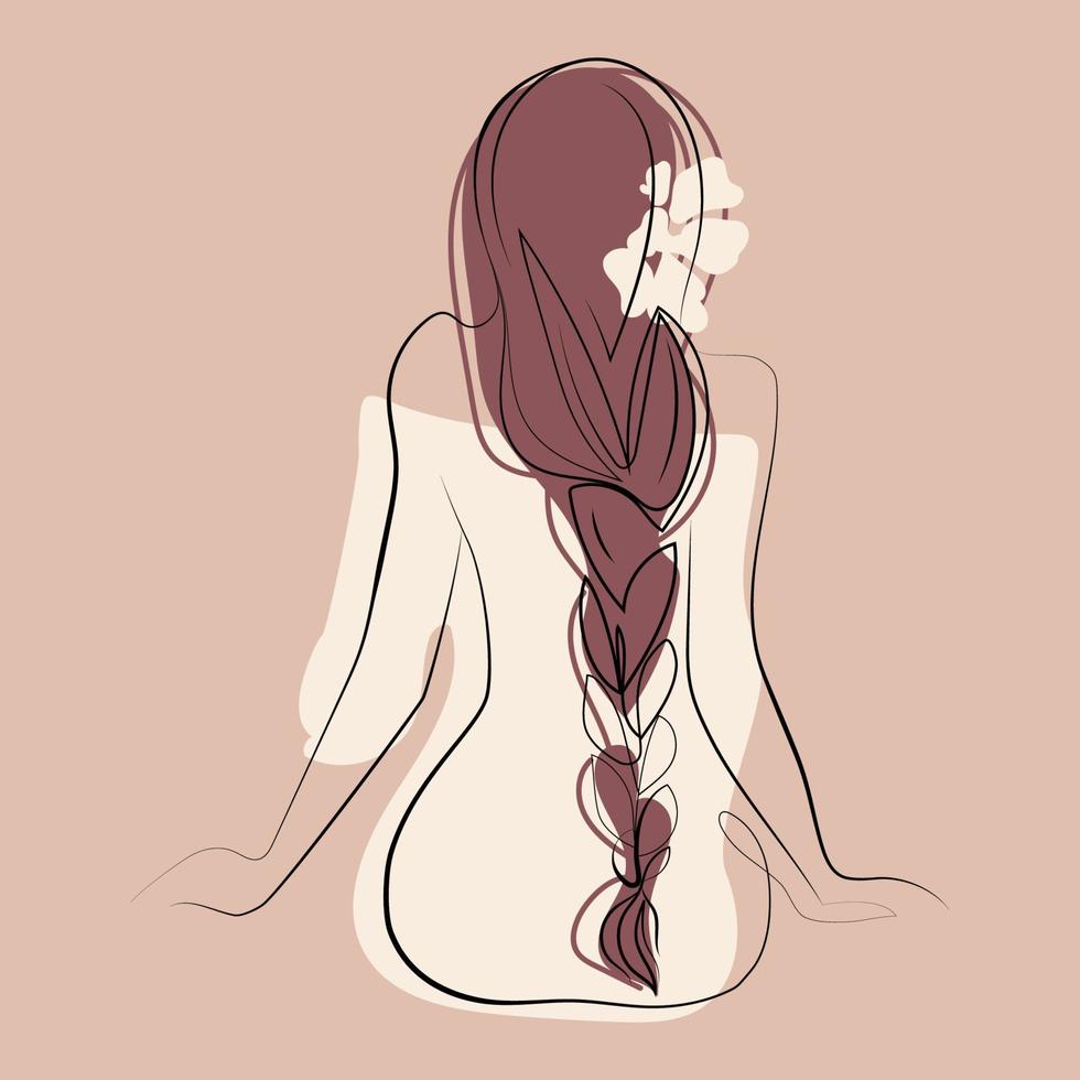 abstrakte minimalistische weibliche figur, schöne frau mit langen haaren auf beigem hintergrund, rückansicht. moderne vektorillustration einer frau, mädchenzeichnung in einem linearen stil. modekonzept vektor