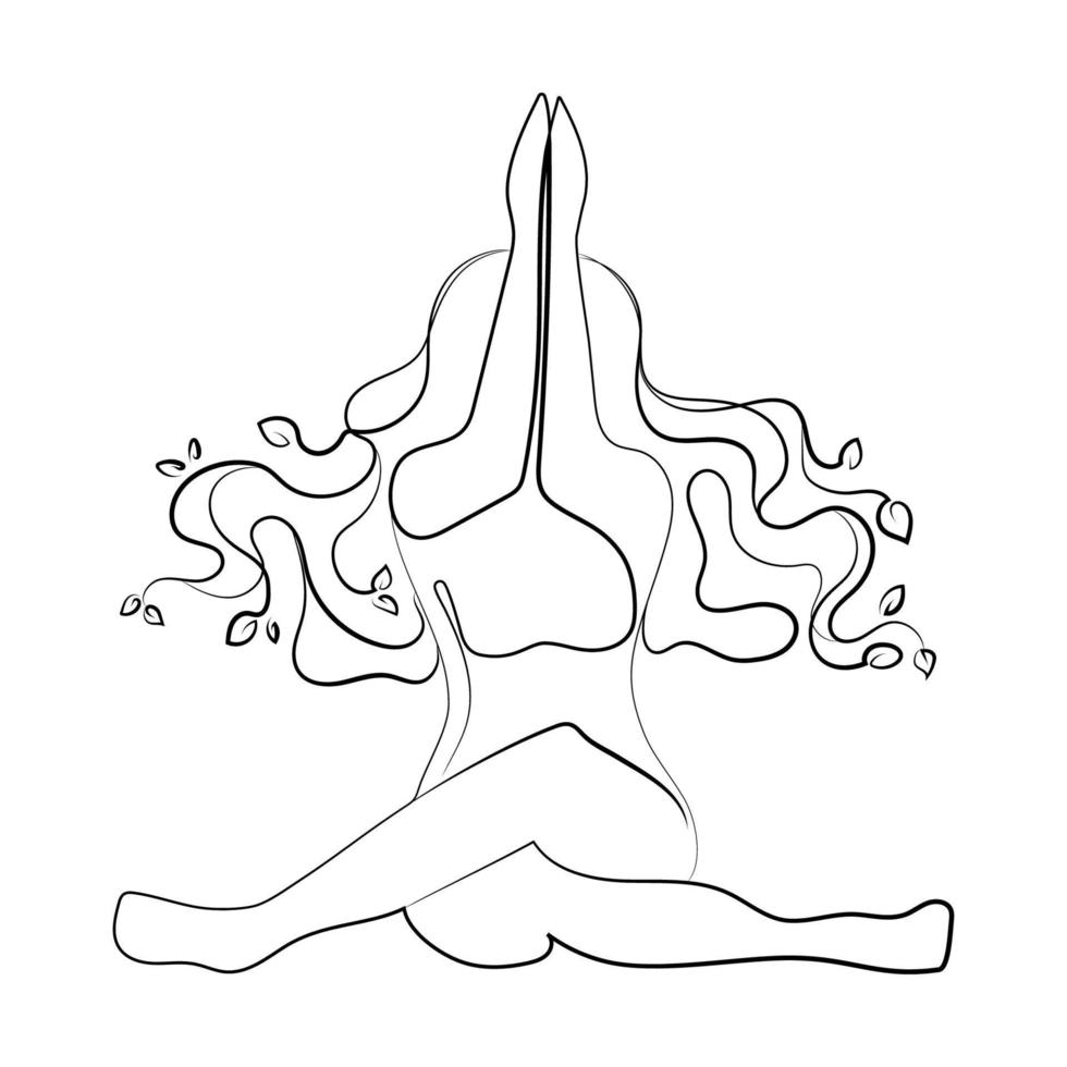 schöne junge frau, die yoga praktiziert, meditiert in yoga-pose strichzeichnung vektor einfache illustration. junge frau mit wachsenden blumen in ihrem haar, die assana-emblem, logo, druck, symbol-design-vorlage machen