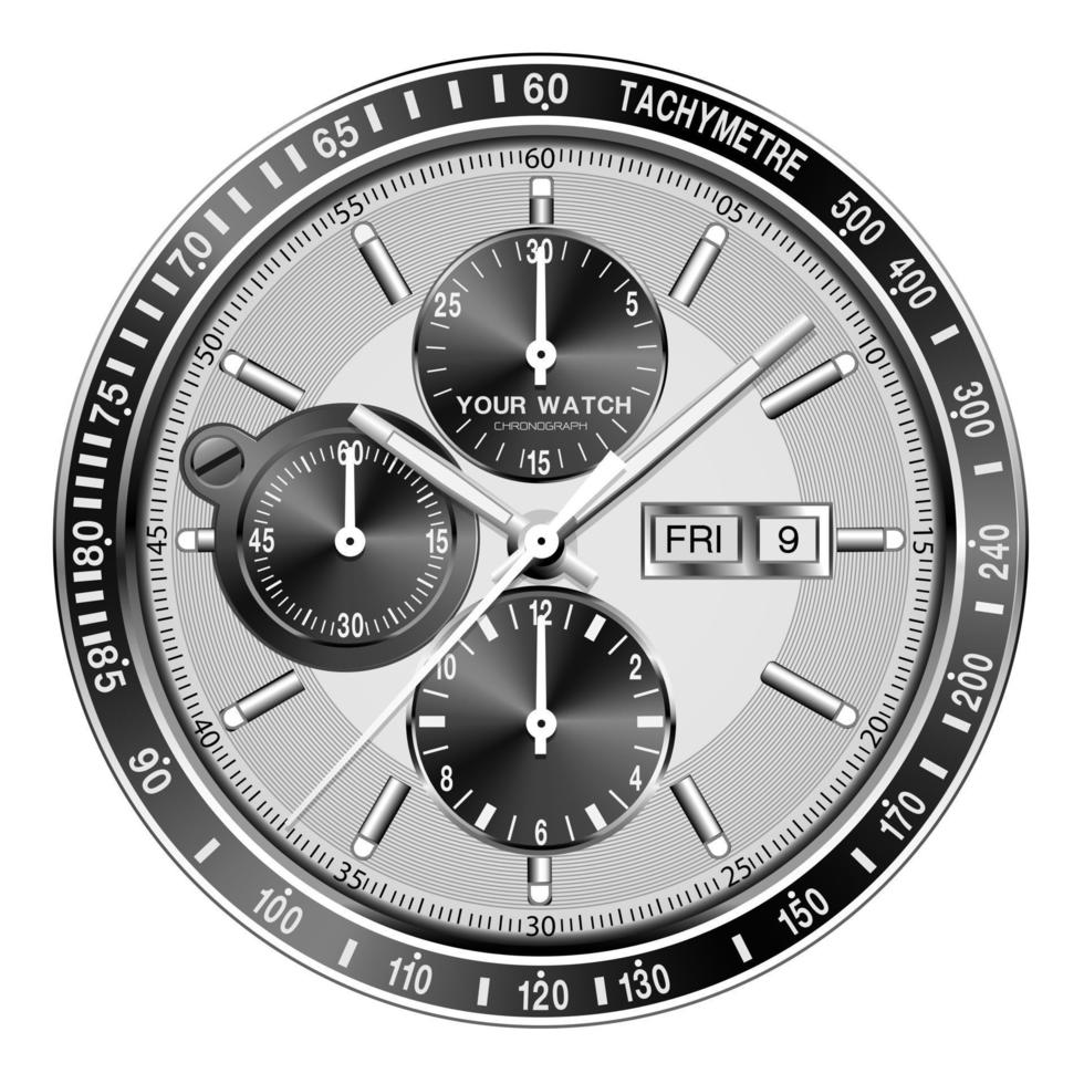 realistische uhr chronograph silber schwarzes gesicht armaturenbrett für männer luxus auf isoliertem hintergrundvektor vektor