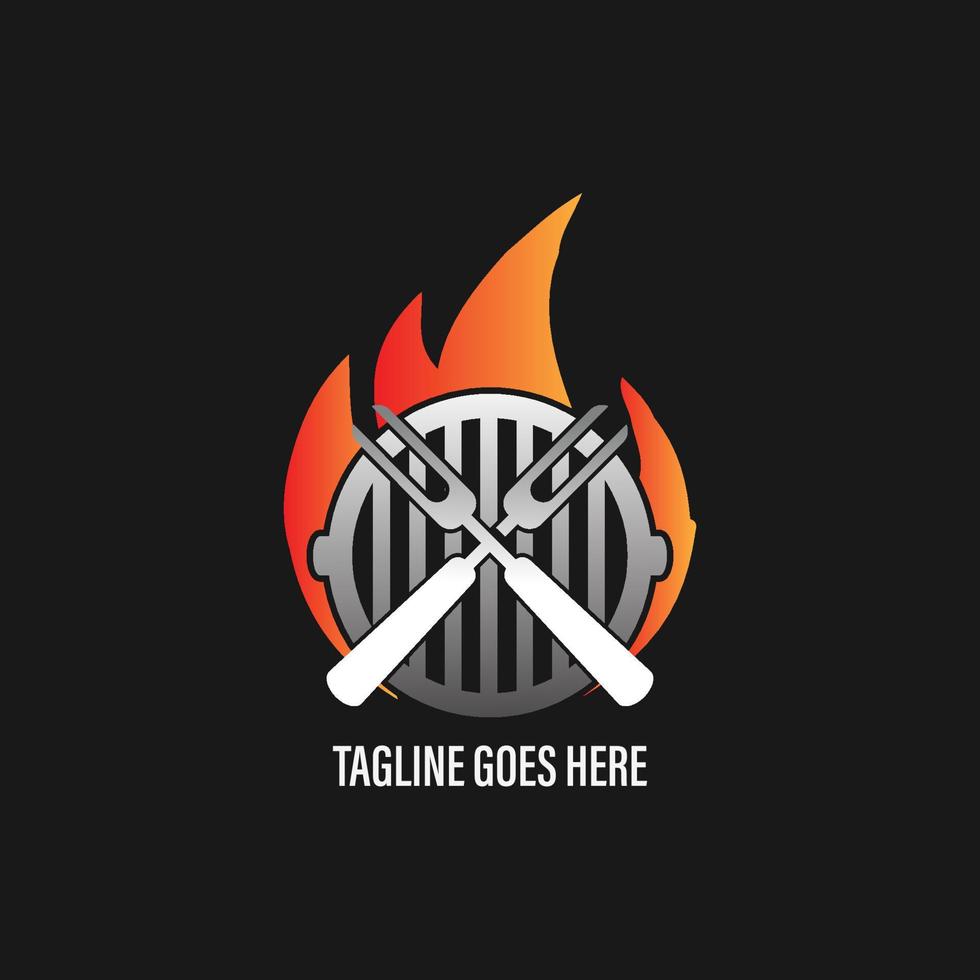 grilllogo mit bbq-logotyp und feuerkonzept in kombination mit spachtel vektor