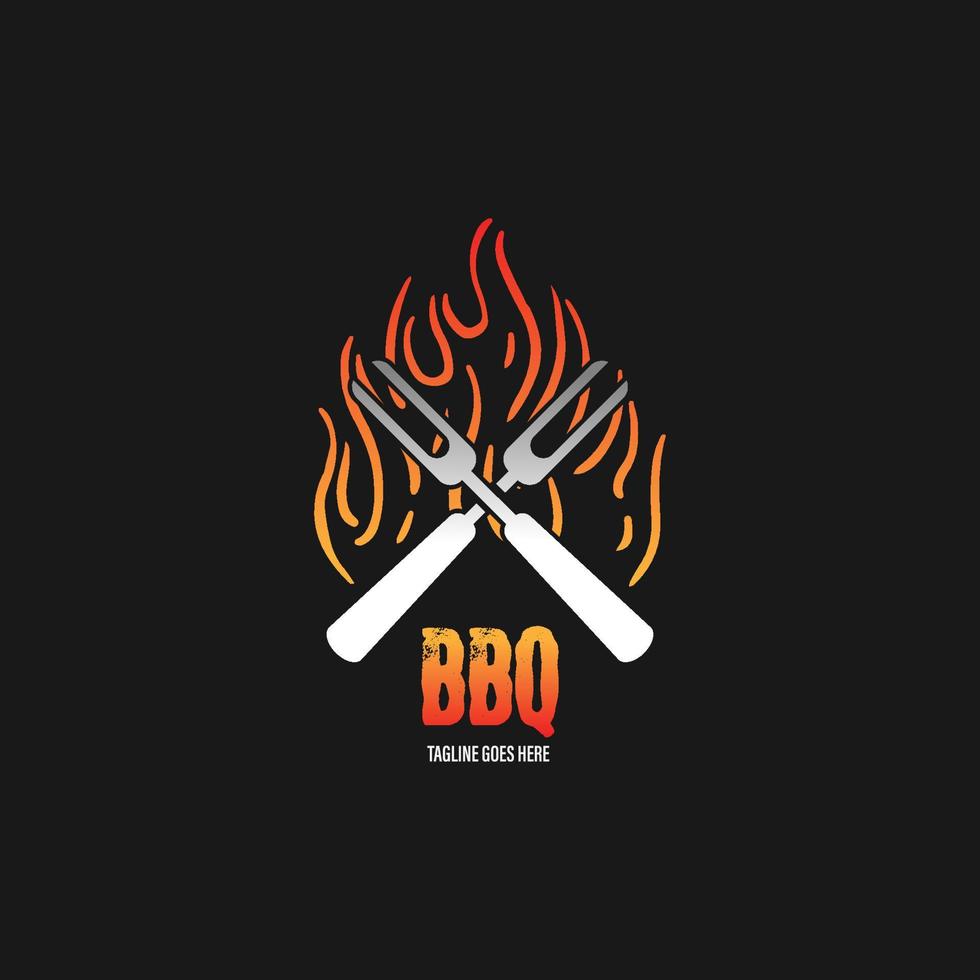 grilllogo mit bbq-logotyp und feuerkonzept in kombination mit spachtel vektor