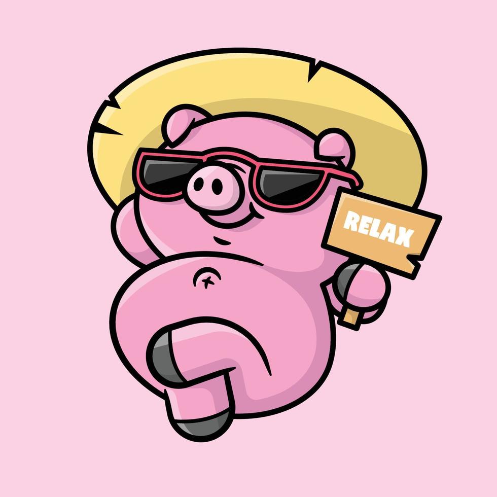 en söt avslappnad gris är bär solglasögon och en hatt tecknad serie illustration vektor