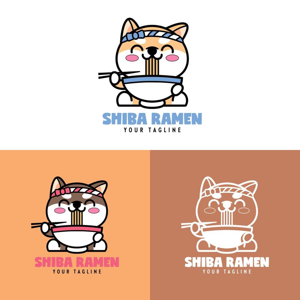 süßer shiba inu, der ramen-cartoon-logo-set isst vektor