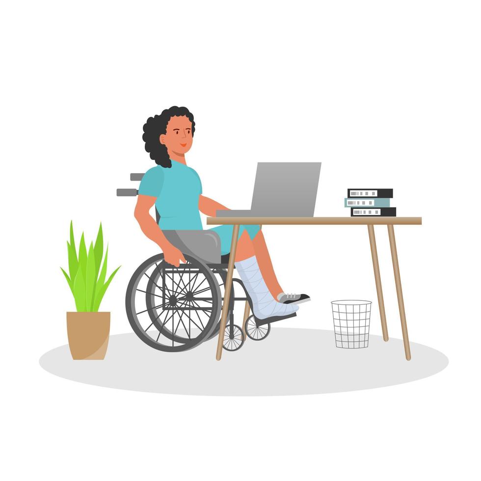 Ein Mädchen mit einem gebrochenen Bein sitzt im Rollstuhl und arbeitet an einem Laptop vektor