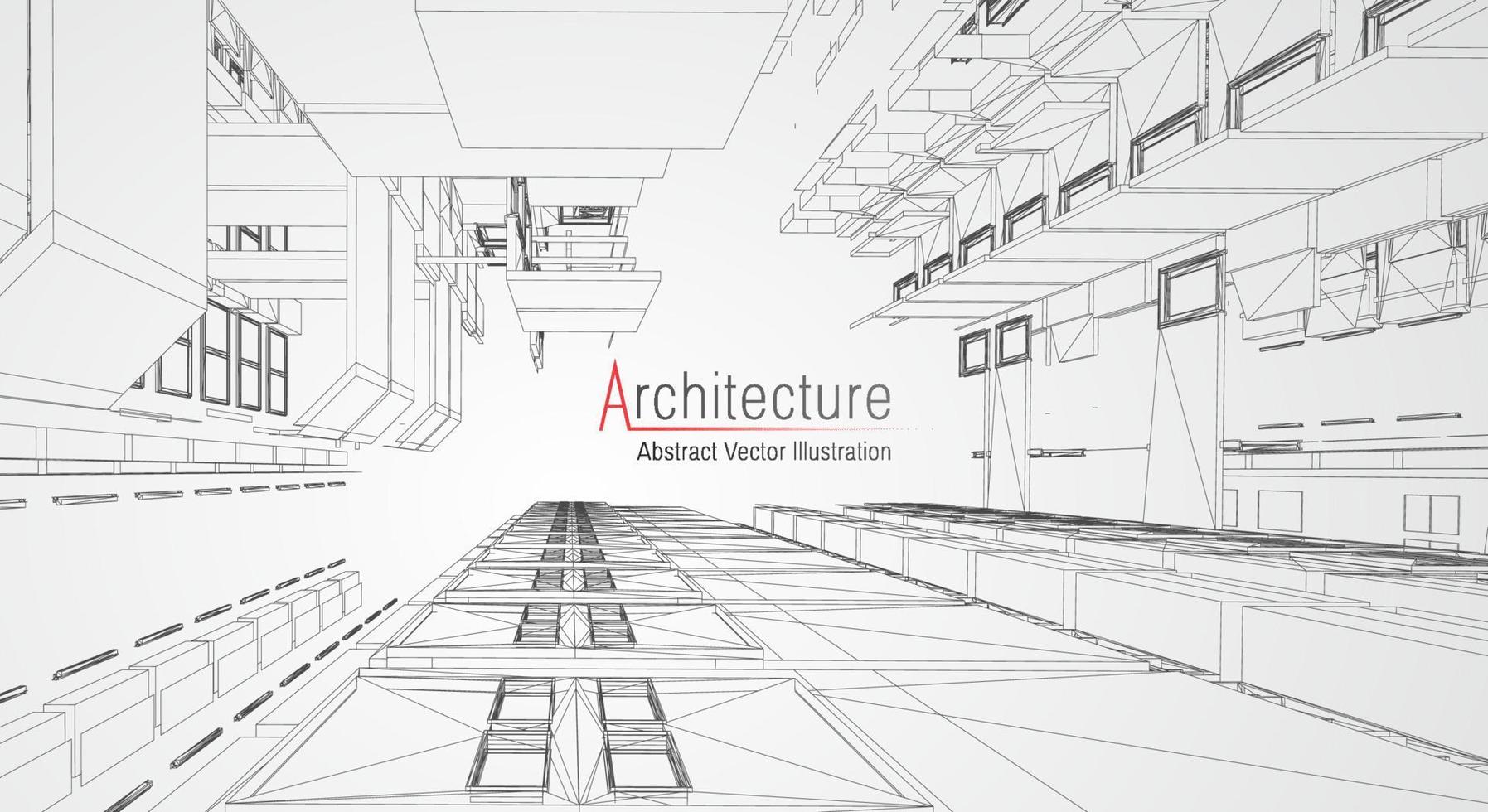 Hintergrund der Architekturlinie. Hochbau Skizze Vektor abstrakt. moderne Stadt 3D-Projekt. Technologie geometrisches Gitter. Draht Blaupause Haus. digitaler Architekten-Innovations-Drahtrahmen.