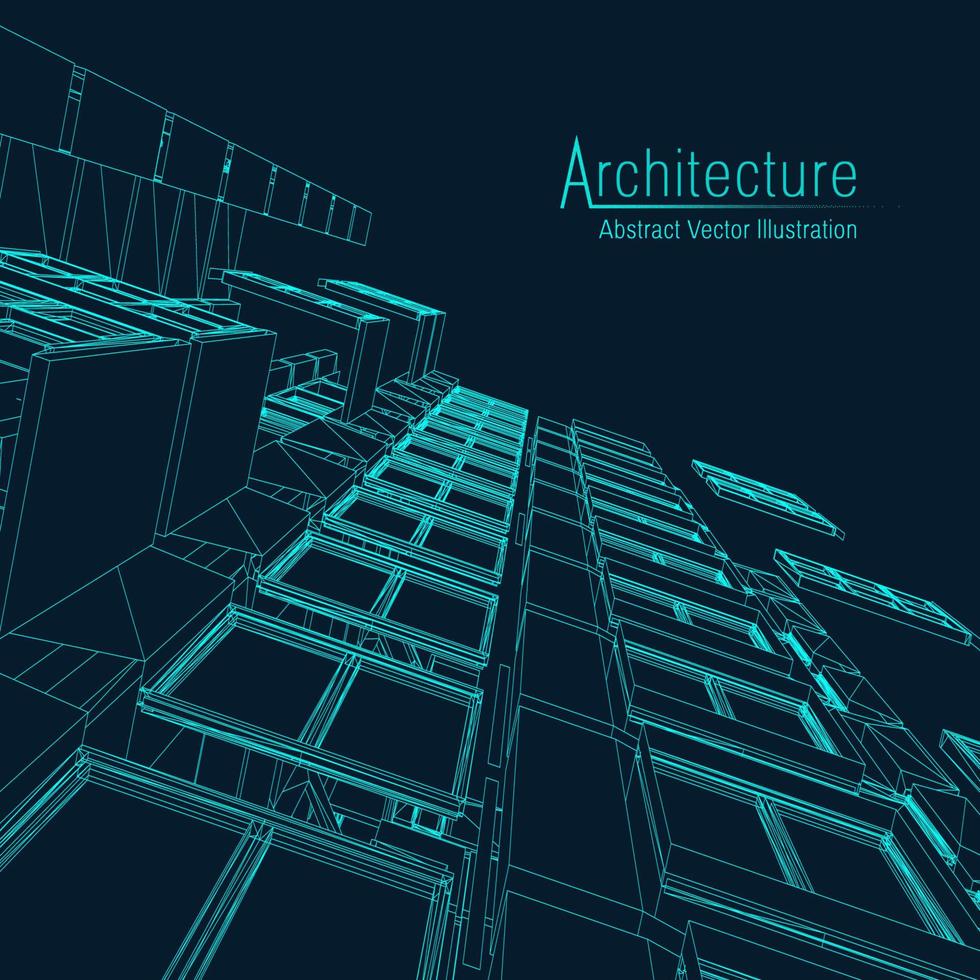 arkitektur linje bakgrund. byggnad konstruktion skiss vektor abstrakt. modern stad 3d projekt. teknologi geometrisk rutnät. tråd plan hus. digital arkitekt innovation trådram.