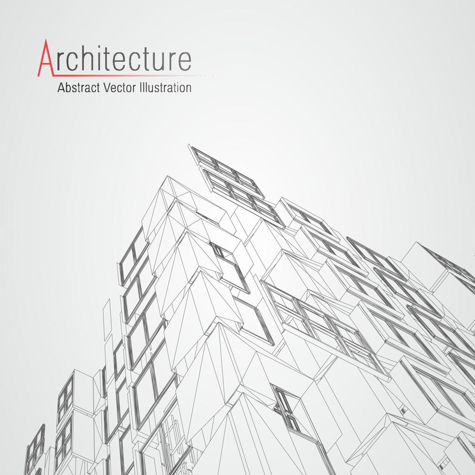 Hintergrund der Architekturlinie. Hochbau Skizze Vektor abstrakt. moderne Stadt 3D-Projekt. Technologie geometrisches Gitter. Draht Blaupause Haus. digitaler Architekten-Innovations-Drahtrahmen.