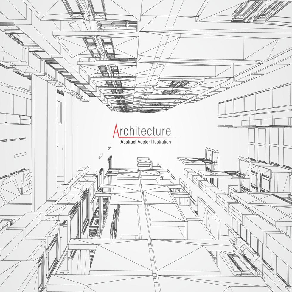 Hintergrund der Architekturlinie. Hochbau Skizze Vektor abstrakt. moderne Stadt 3D-Projekt. Technologie geometrisches Gitter. Draht Blaupause Haus. digitaler Architekten-Innovations-Drahtrahmen.