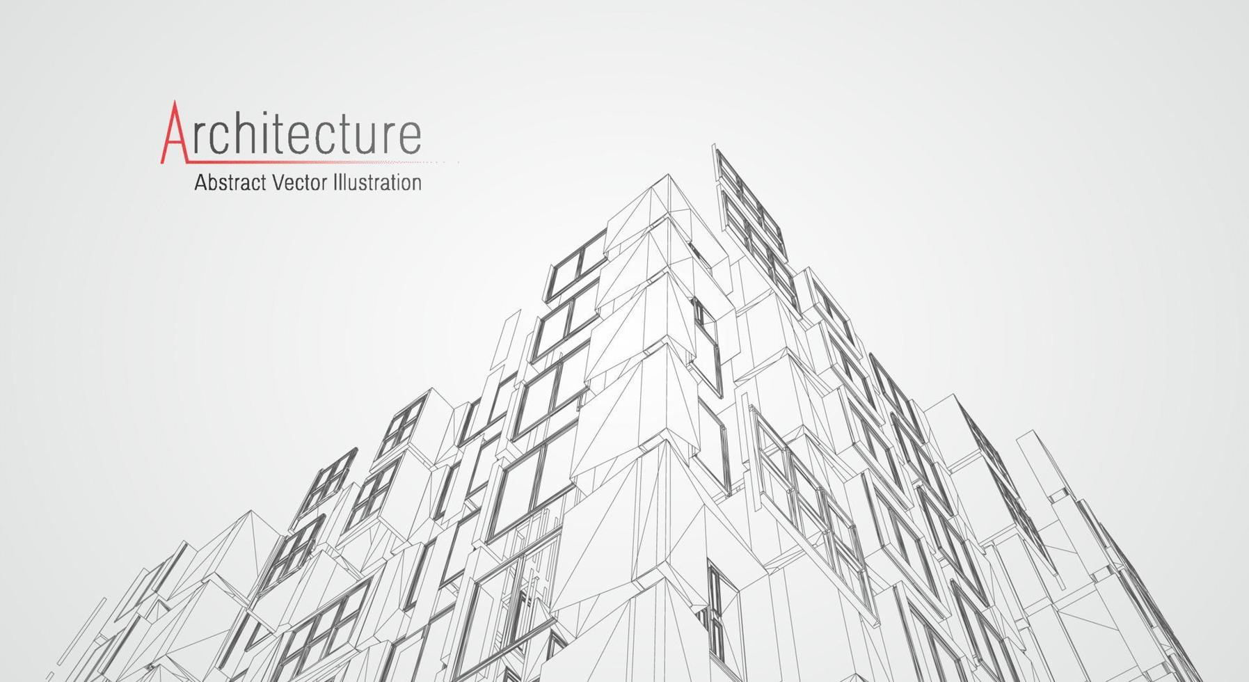 Drahtmodell der modernen Architektur. konzept des städtischen drahtmodells. Wireframe-Gebäude Illustration der Architektur-CAD-Zeichnung. vektor