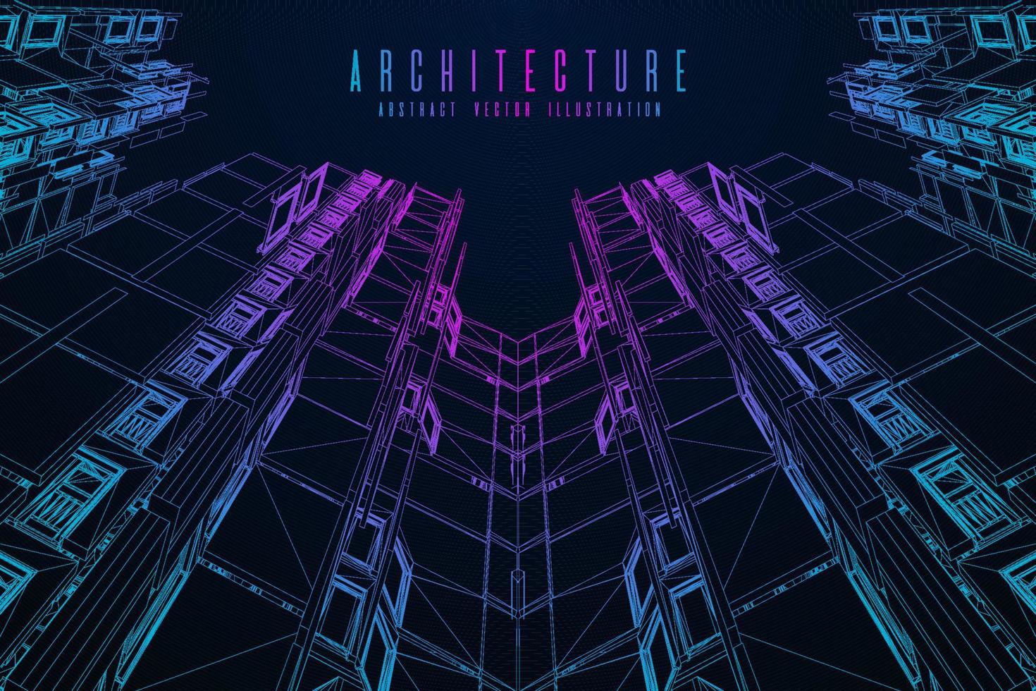 Drahtmodell der modernen Architektur. konzept des städtischen drahtmodells. Wireframe-Gebäude Illustration der Architektur-CAD-Zeichnung. vektor