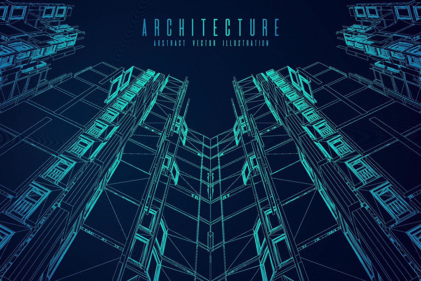 Drahtmodell der modernen Architektur. konzept des städtischen drahtmodells. Wireframe-Gebäude Illustration der Architektur-CAD-Zeichnung. vektor