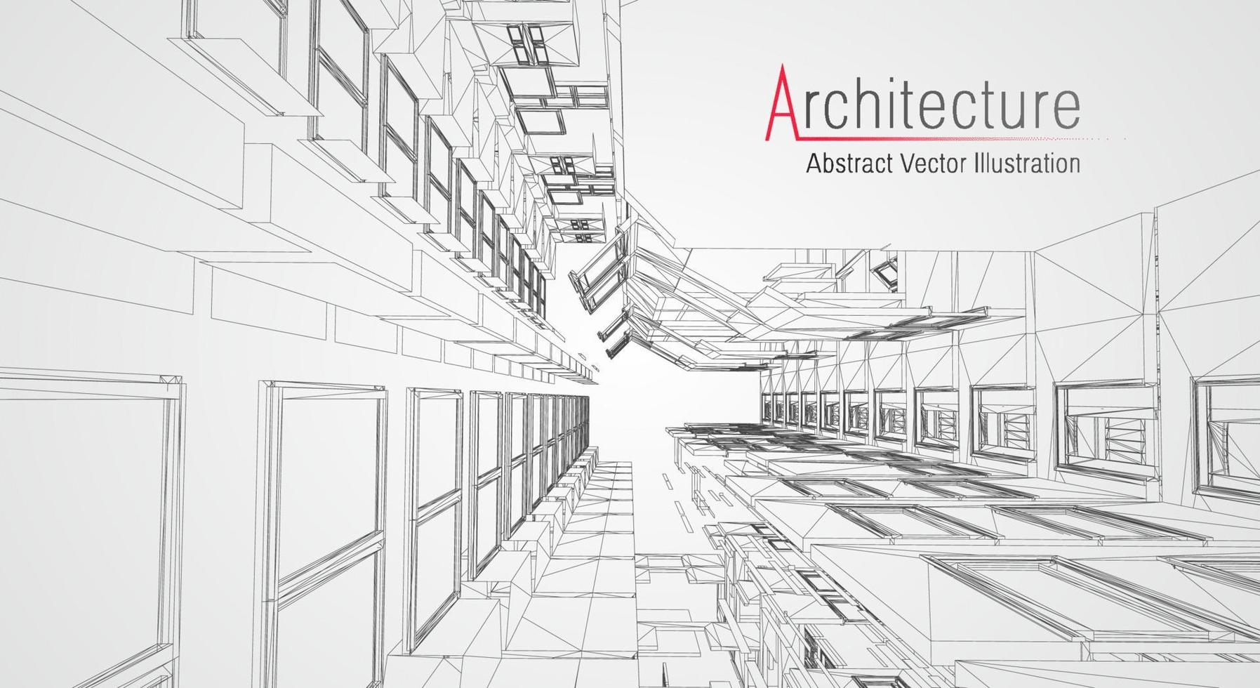 Drahtmodell der modernen Architektur. konzept des städtischen drahtmodells. Wireframe-Gebäude Illustration der Architektur-CAD-Zeichnung. vektor