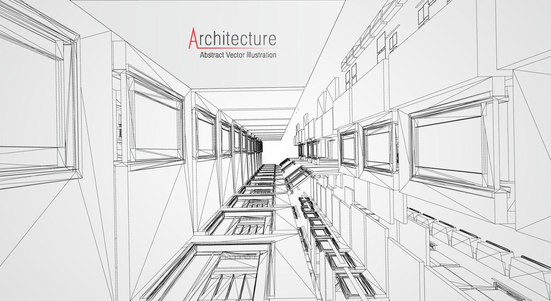 Drahtmodell der modernen Architektur. konzept des städtischen drahtmodells. Wireframe-Gebäude Illustration der Architektur-CAD-Zeichnung. vektor