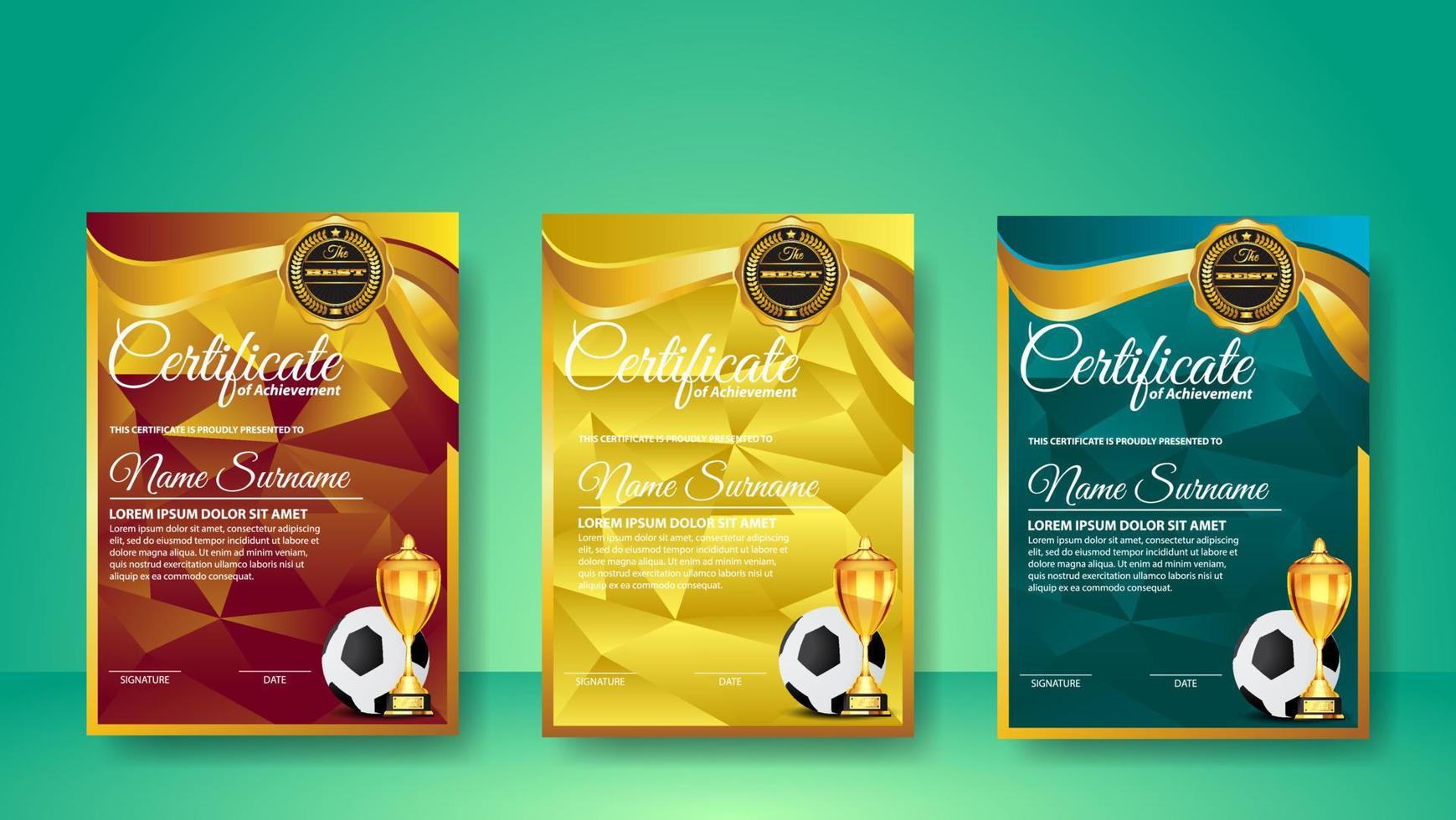 fotboll spel certifikat diplom med golden cup set vektor. fotboll. sport utmärkelse mall. prestationsdesign vektor