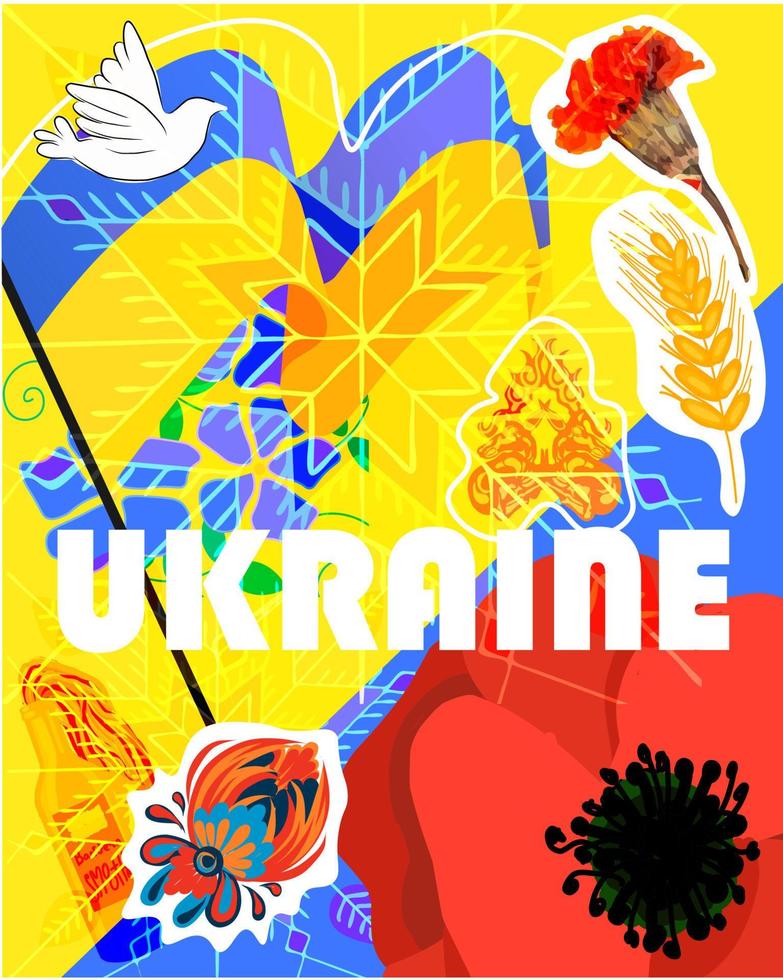 ukraina baner för nationell dag med kulturell design. konst posters för utställning av ukrainska kultur och traditioner. hand dragen illustrationer, gul och blå flagga, snäcka, öra av vete, duva vektor