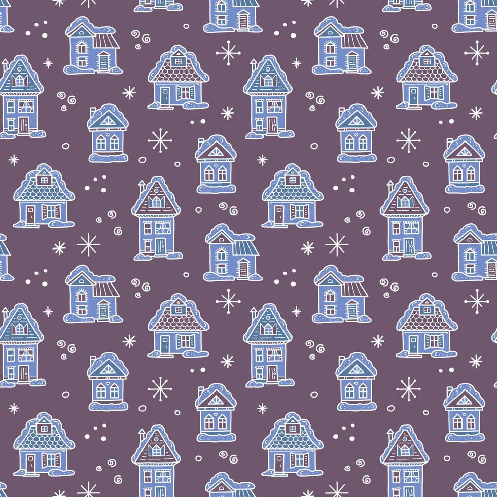 Winternahtloses Muster mit schneebedecktem Haus. Nacht Weihnachtsdorf. Vektor-Illustration. vektor